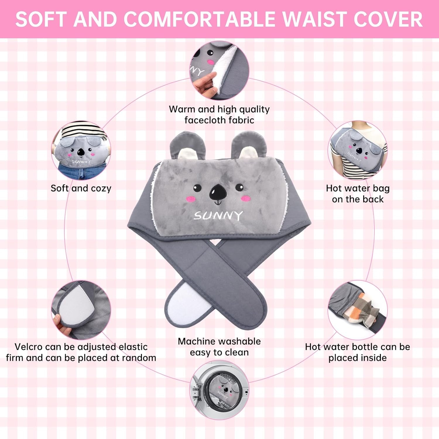 3PCS Fluffy Wrap around Hot Water Bottle for Period Pain Relief, Wearable for Waist, Back, Neck, Shoulders (Grey)