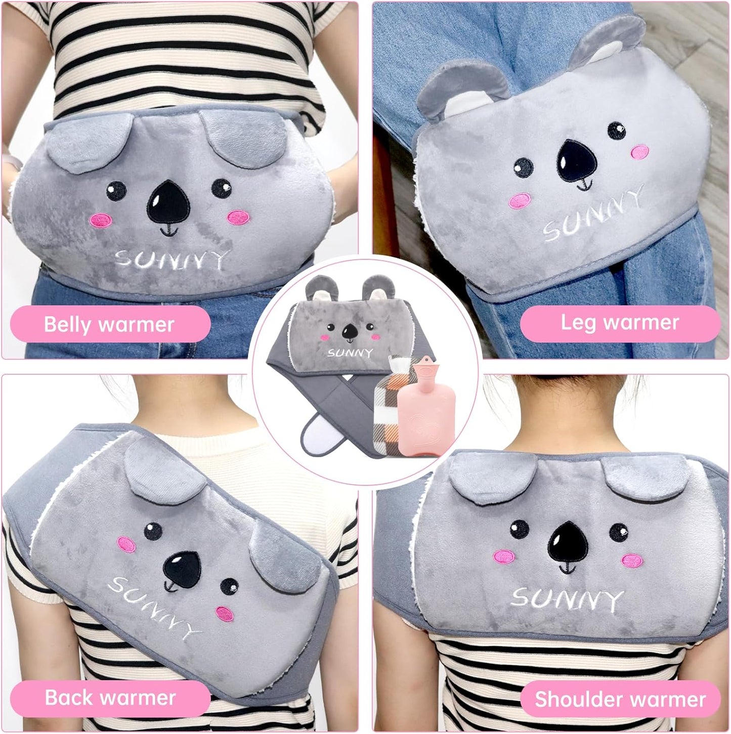 3PCS Fluffy Wrap around Hot Water Bottle for Period Pain Relief, Wearable for Waist, Back, Neck, Shoulders (Grey)