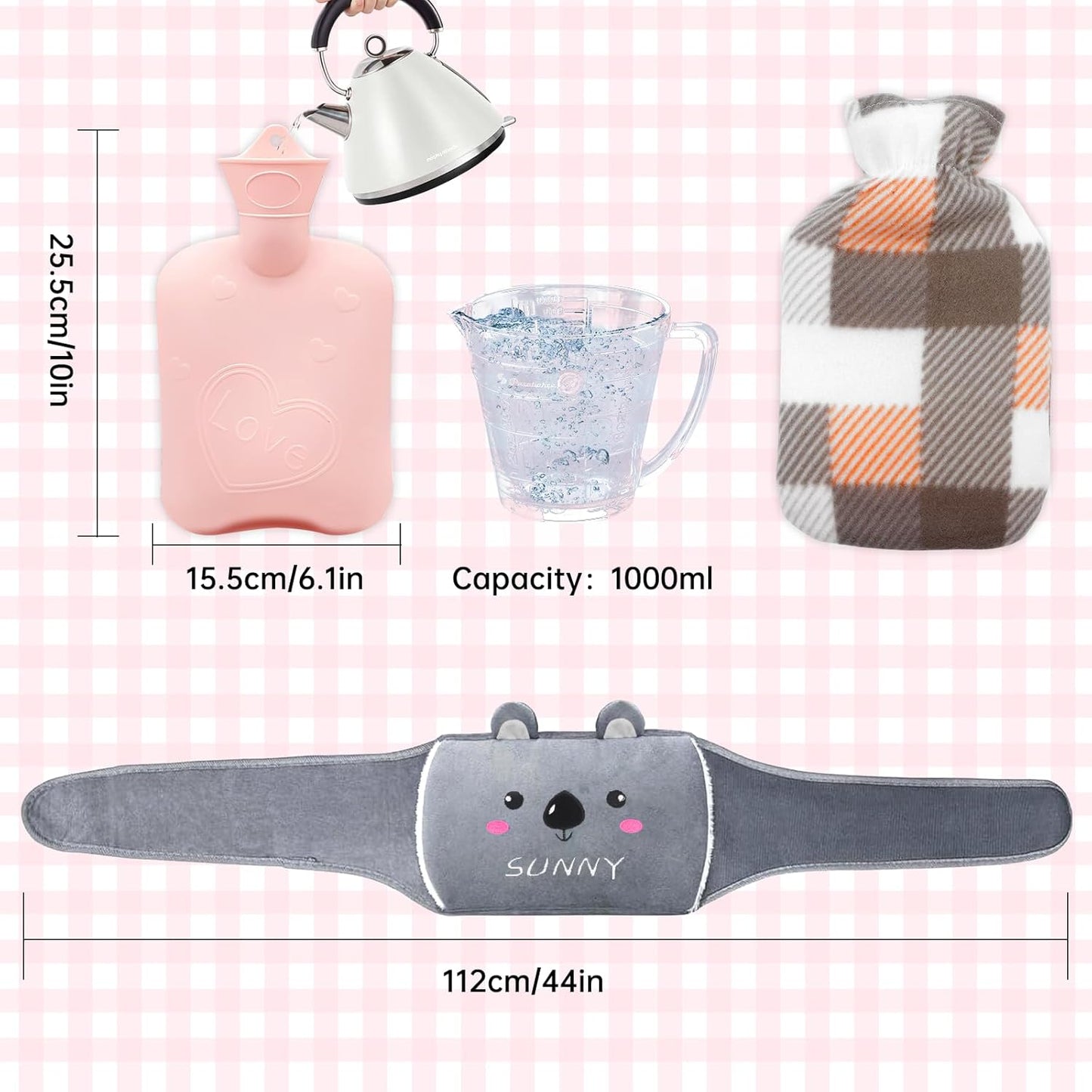 3PCS Fluffy Wrap around Hot Water Bottle for Period Pain Relief, Wearable for Waist, Back, Neck, Shoulders (Grey)